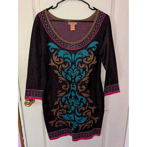 Flying Tomato Sweater Dress Black Teal Multi Bodycon 3/4 Sleeve Sz L